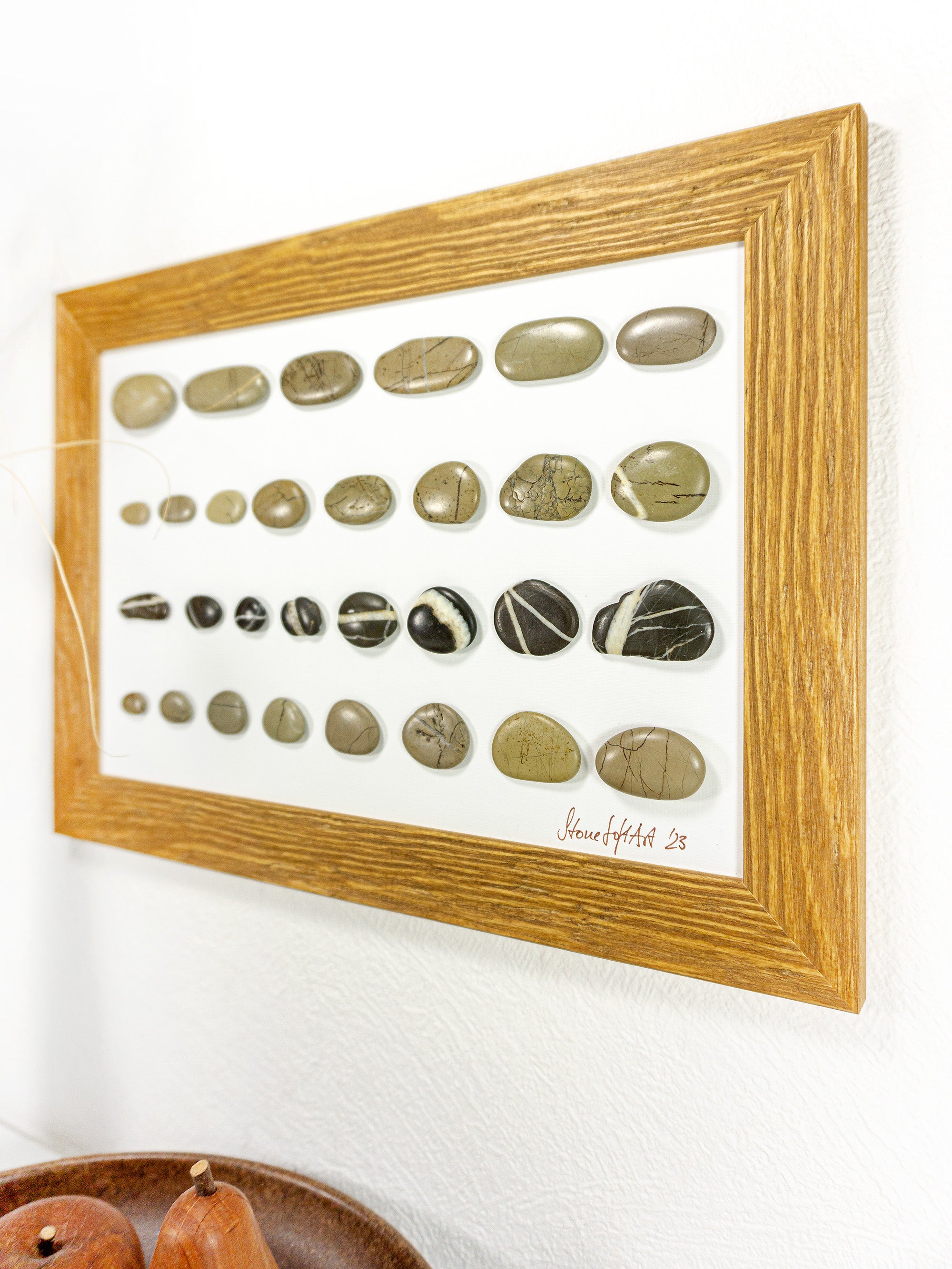 One-of-a-kind BEACH PEBBLES WALL ART 'Genua', framed handmade stones picture