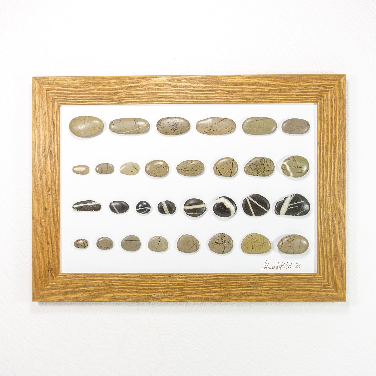 One-of-a-kind BEACH PEBBLES WALL ART 'Genua', framed handmade stones picture