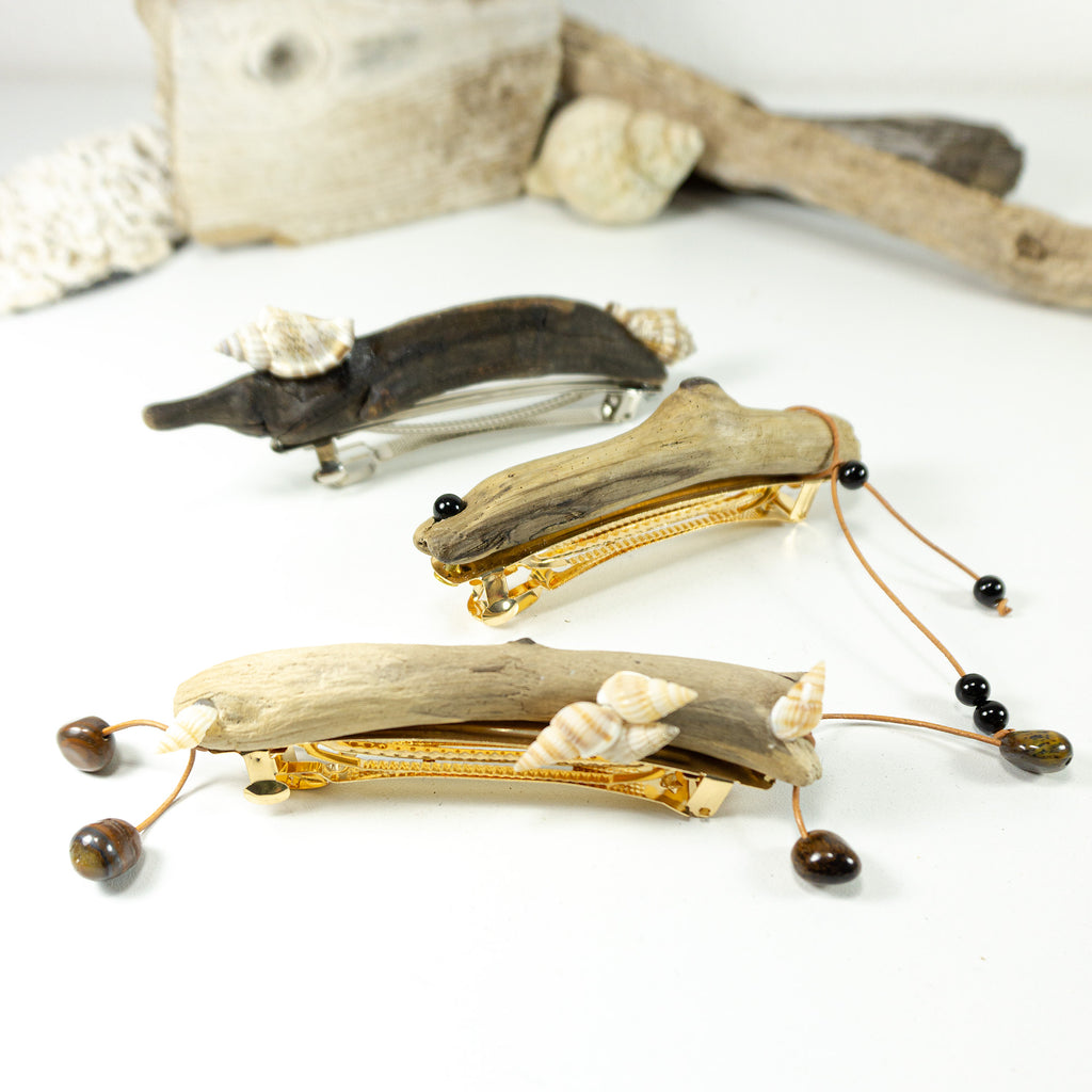 Unique handmade golden DRIFTWOOD HAIR BARRETTE 'Mary' leather Onyx