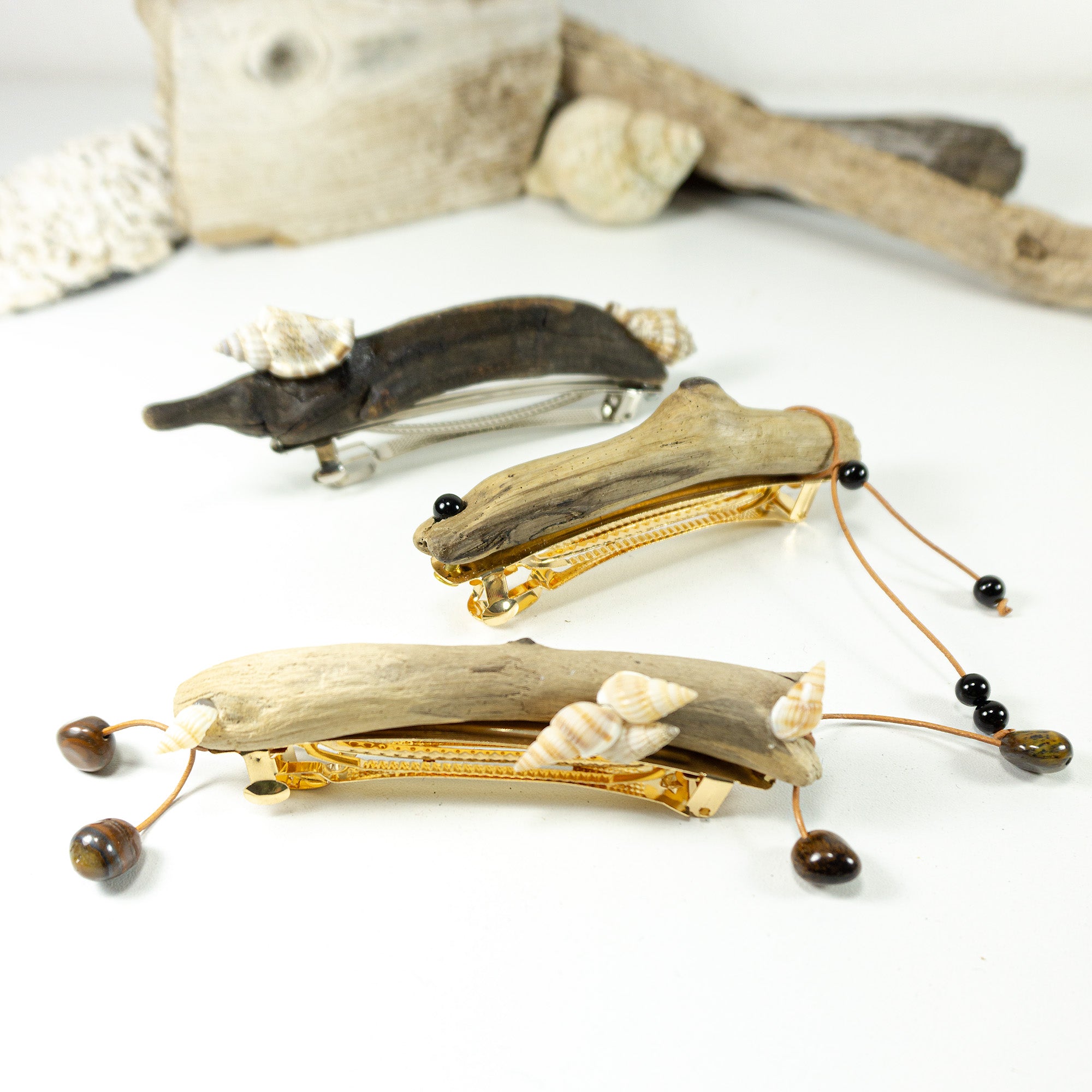 Unique handmade golden DRIFTWOOD HAIR BARRETTE 'Mary' leather Onyx