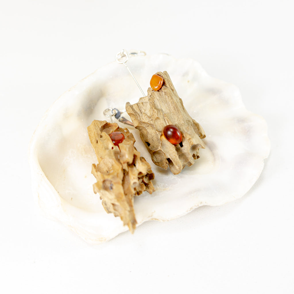 Driftwood Amber Earrings SUSA 925 Silver, handmade eco friendly gift