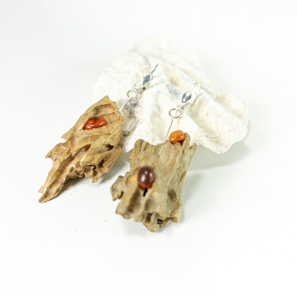 Driftwood Amber Earrings SUSA 925 Silver, handmade eco friendly gift