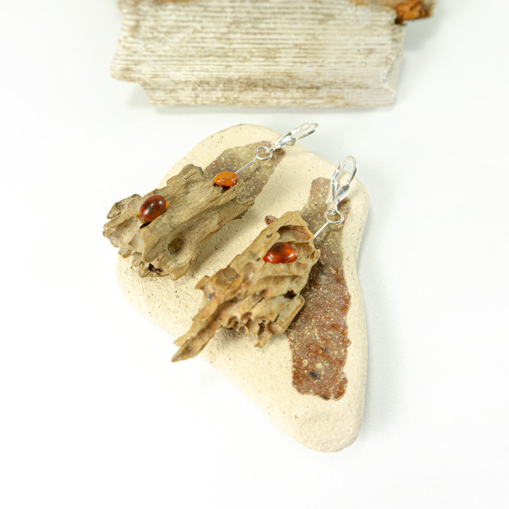 Driftwood Amber Earrings SUSA 925 Silver, handmade eco friendly gift