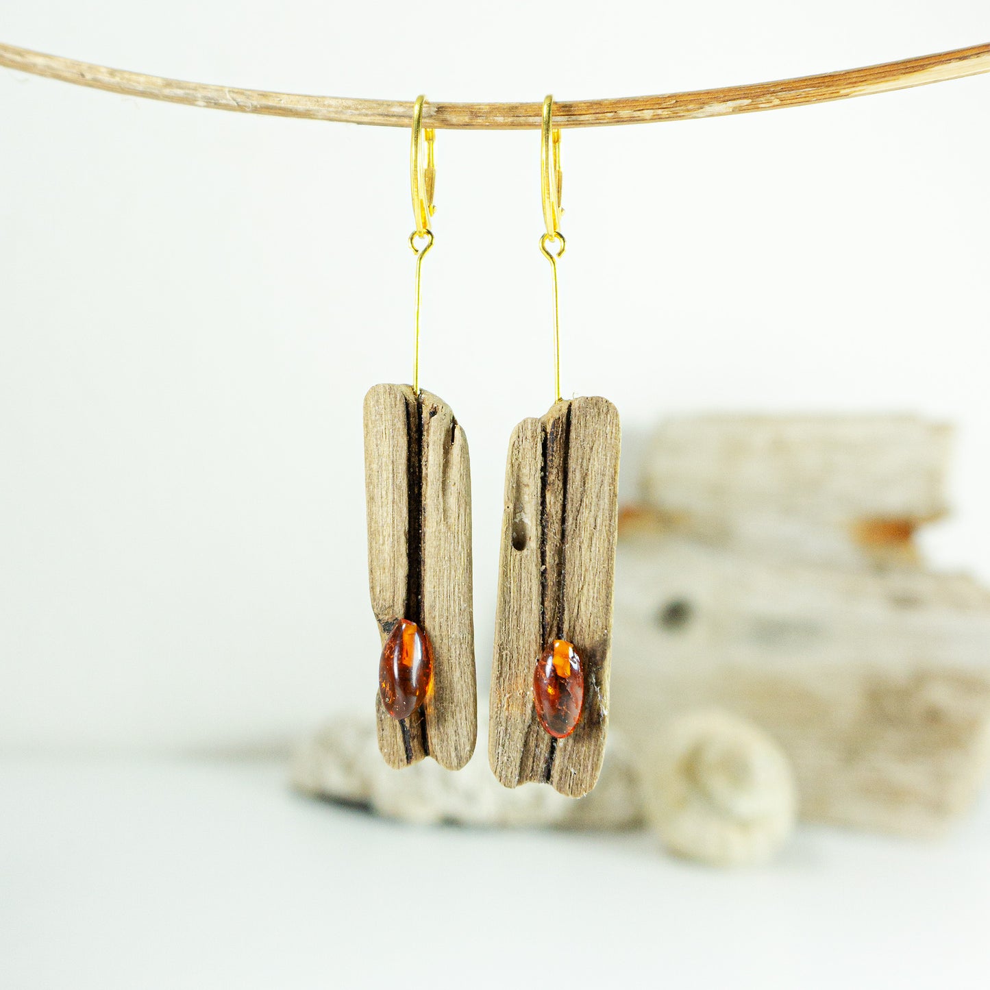 Driftwood Amber Earrings SILLI, gold-plated 925 Silver, handmade jewelry