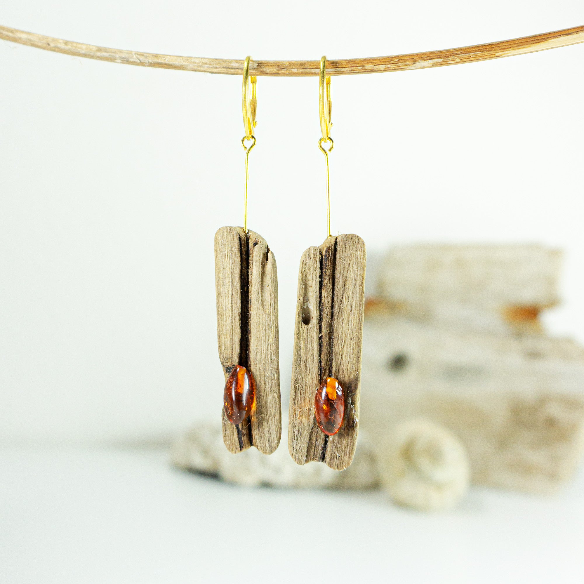 Driftwood Amber Earrings SILLI, gold-plated 925 Silver, handmade jewelry