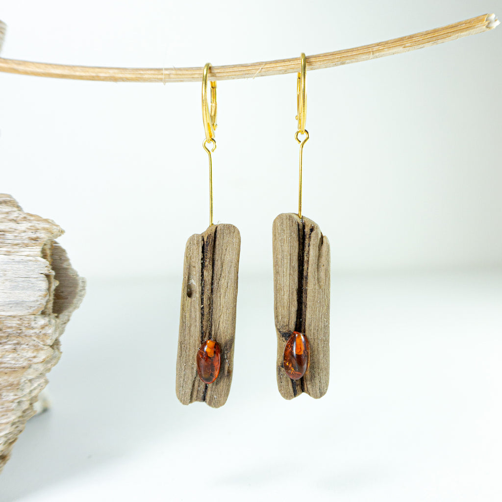 Driftwood Amber Earrings SILLI, gold-plated 925 Silver, handmade jewelry