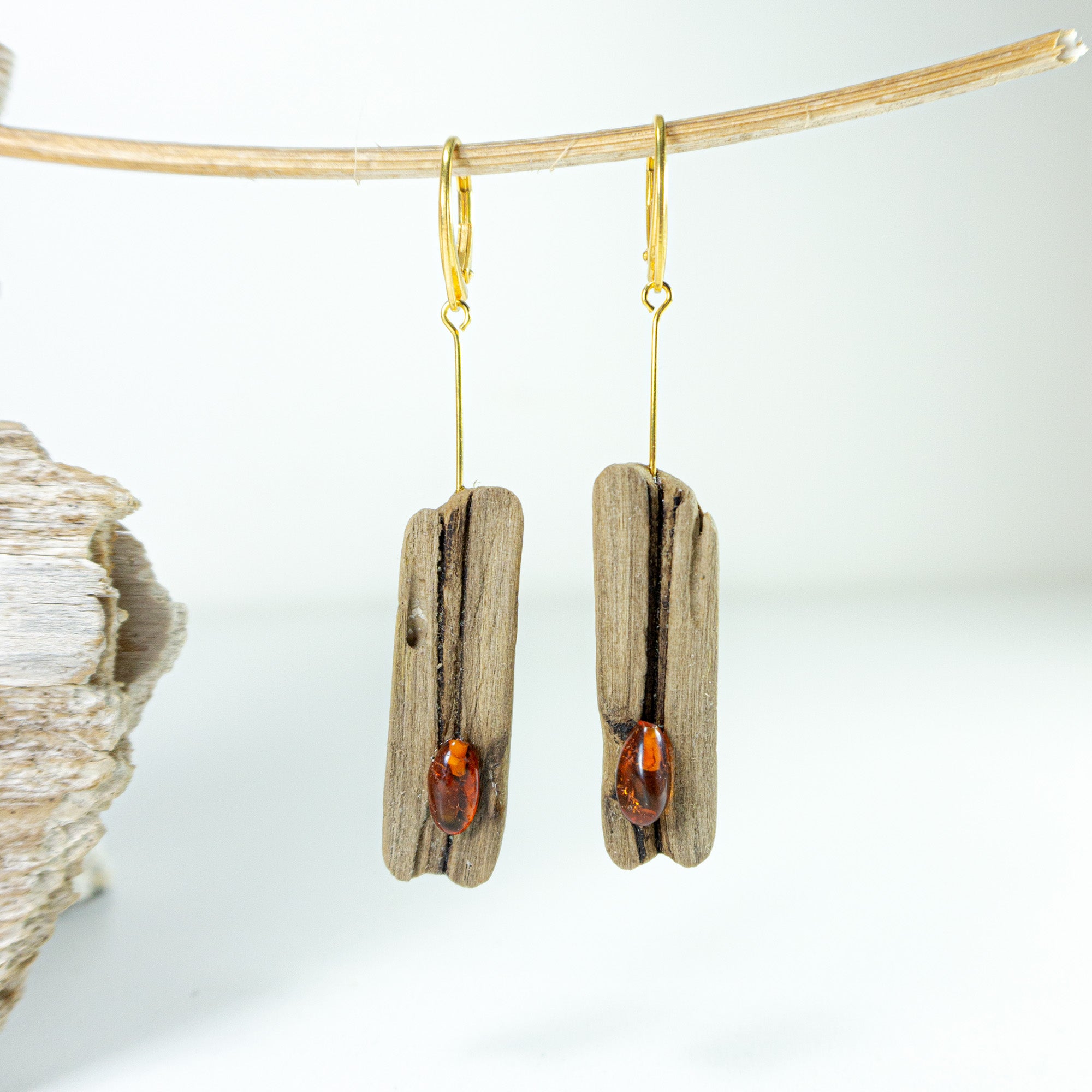 Driftwood Amber Earrings SILLI, gold-plated 925 Silver, handmade jewelry