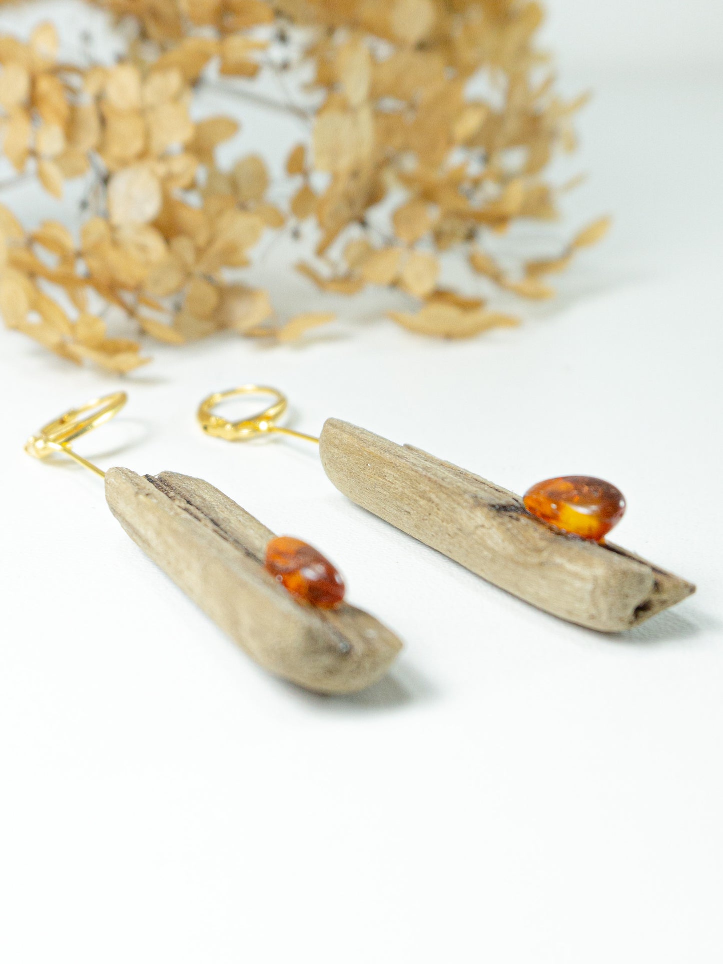 Driftwood Amber Earrings SILLI, gold-plated 925 Silver, handmade jewelry