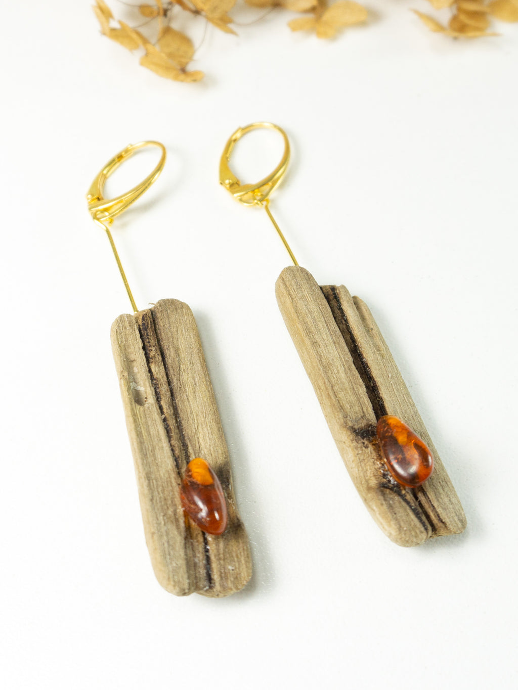 Driftwood Amber Earrings SILLI, gold-plated 925 Silver, handmade jewelry