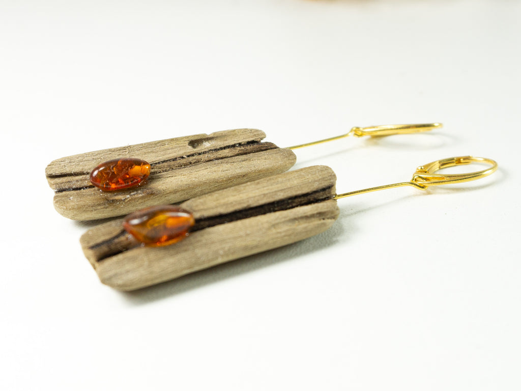Driftwood Amber Earrings SILLI, gold-plated 925 Silver, handmade jewelry