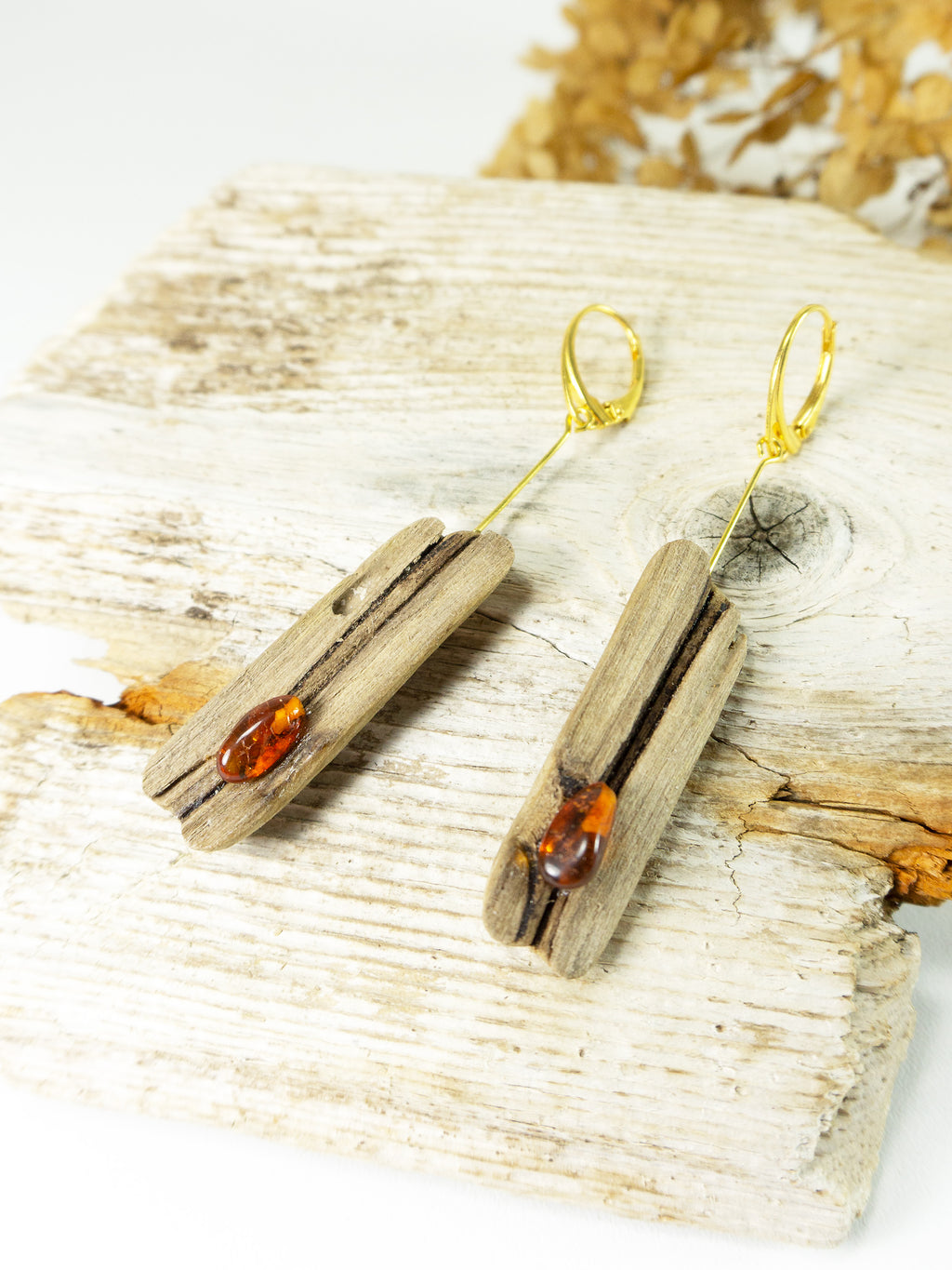 Driftwood Amber Earrings SILLI, gold-plated 925 Silver, handmade jewelry