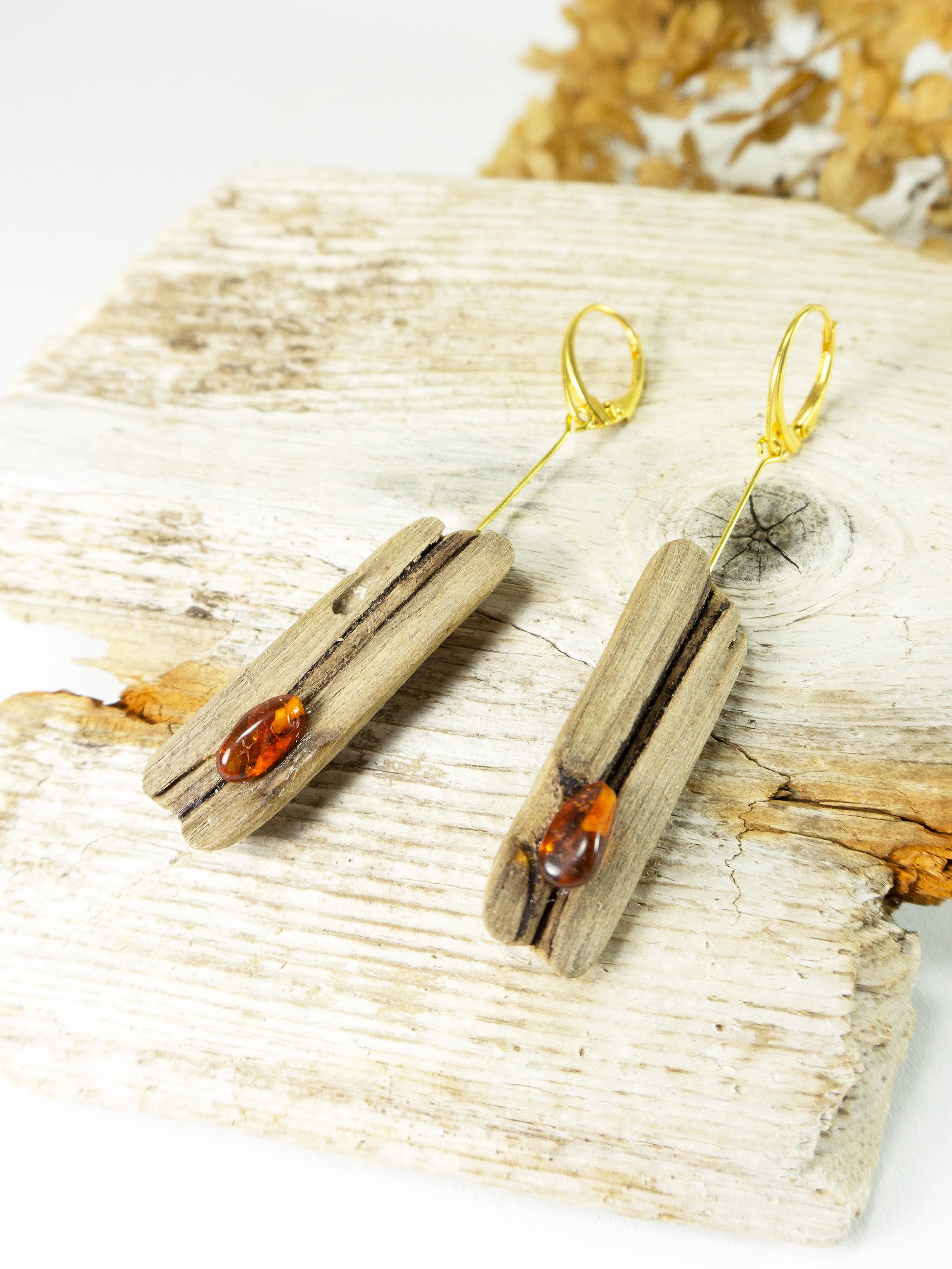 Driftwood Amber Earrings SILLI, gold-plated 925 Silver, handmade jewelry