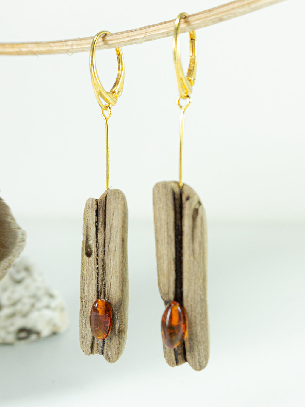 Driftwood Amber Earrings SILLI, gold-plated 925 Silver, handmade jewelry