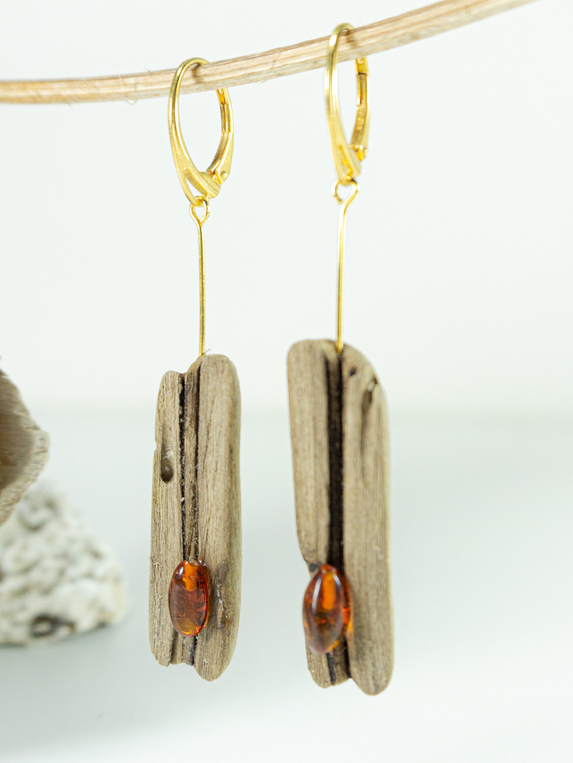 Driftwood Amber Earrings SILLI, gold-plated 925 Silver, handmade jewelry