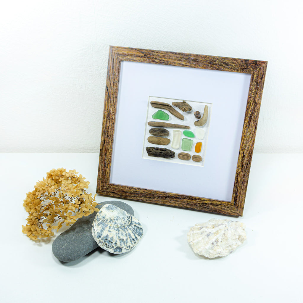 Framed BEACH FINDS COLLAGE "Portofino" driftwood sea glass wall art