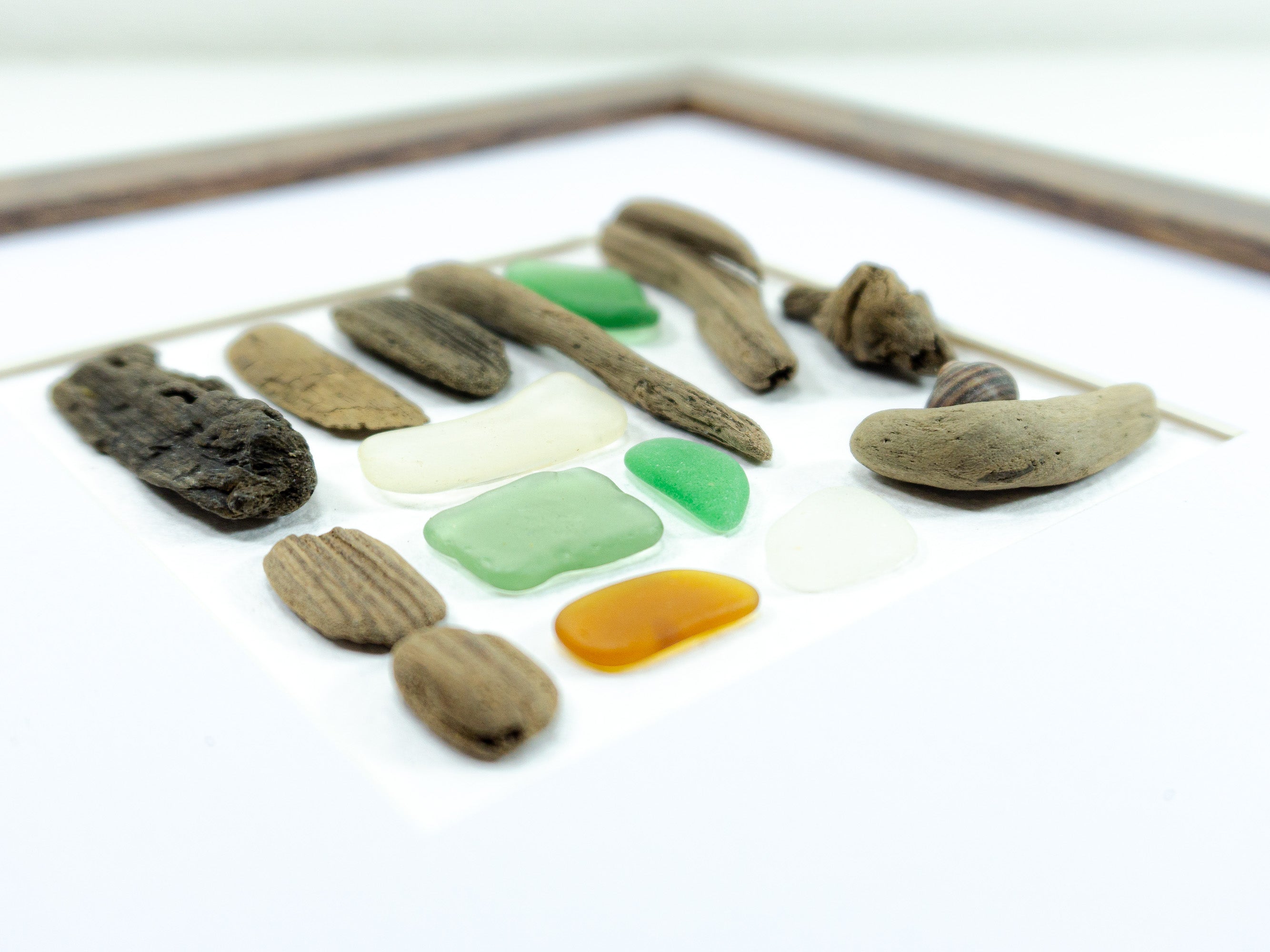 Framed BEACH FINDS COLLAGE "Portofino" driftwood sea glass wall art