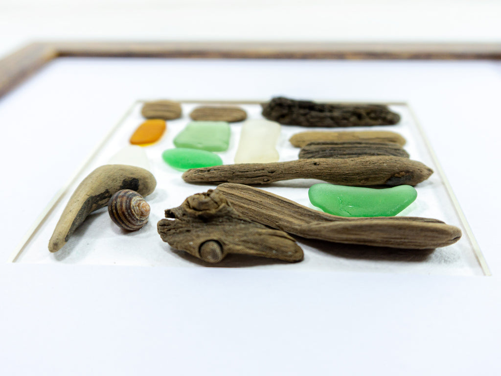 Framed BEACH FINDS COLLAGE "Portofino" driftwood sea glass wall art