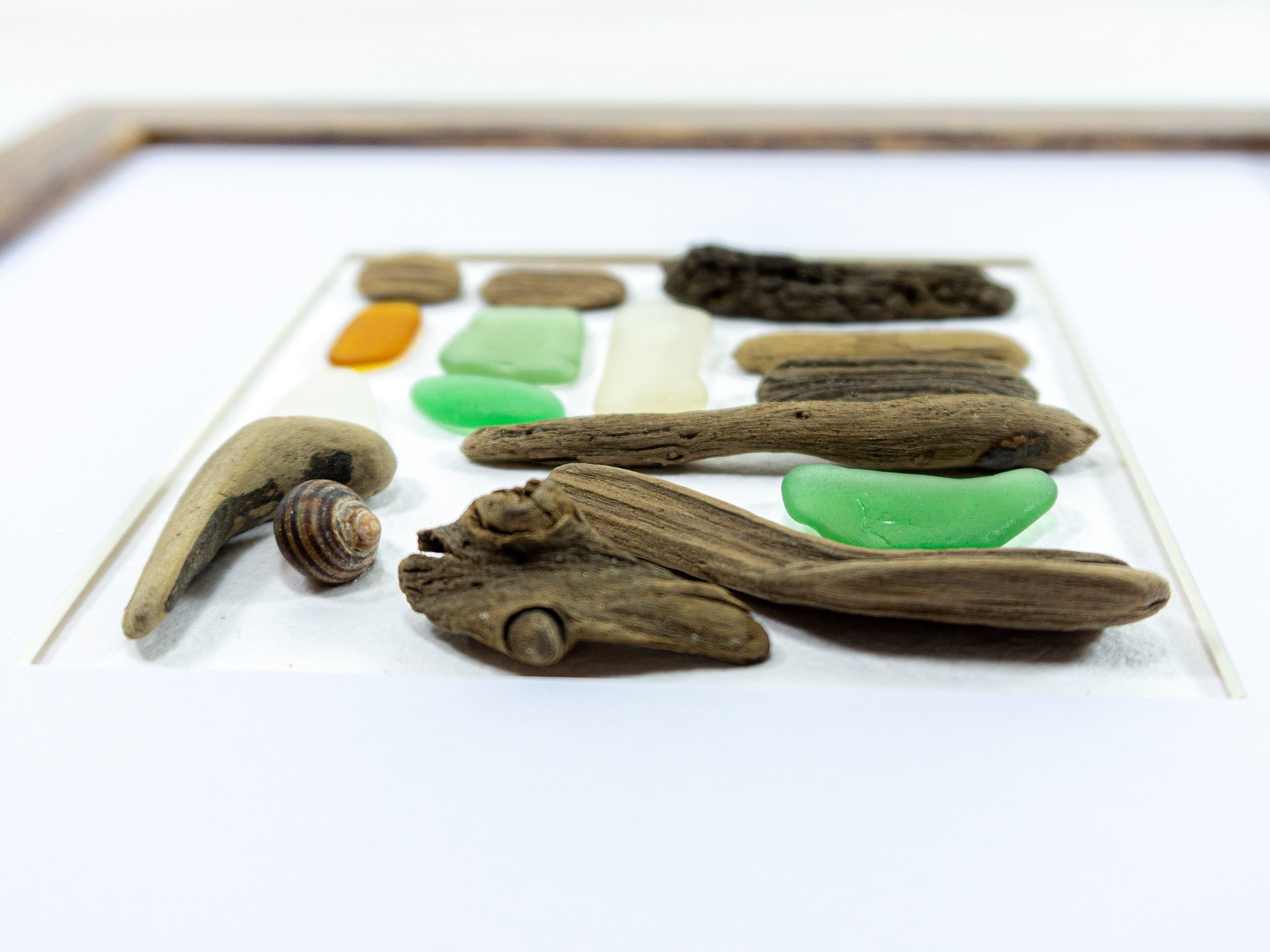 Framed BEACH FINDS COLLAGE "Portofino" driftwood sea glass wall art