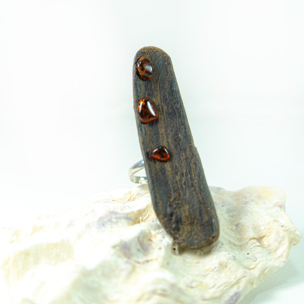 Adjustable handmade Driftwood Ring TIALF, Amber and 925 Silver