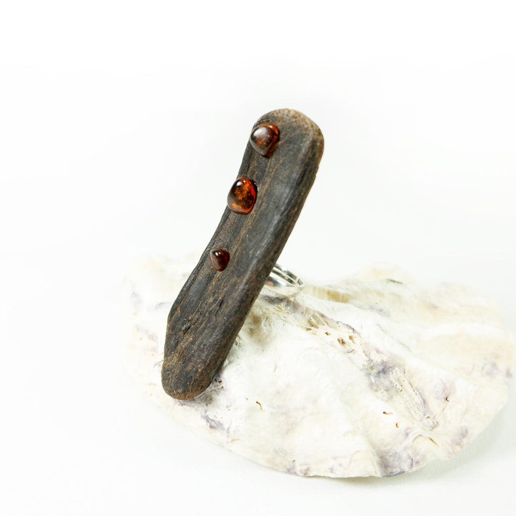Adjustable handmade Driftwood Ring TIALF, Amber and 925 Silver