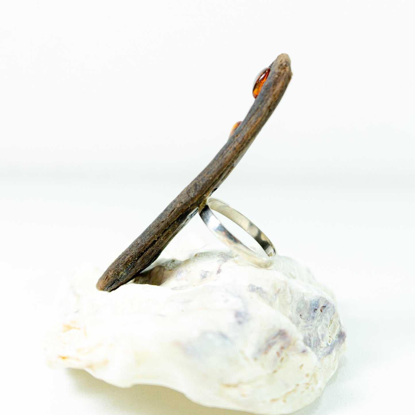 Adjustable handmade Driftwood Ring TIALF, Amber and 925 Silver
