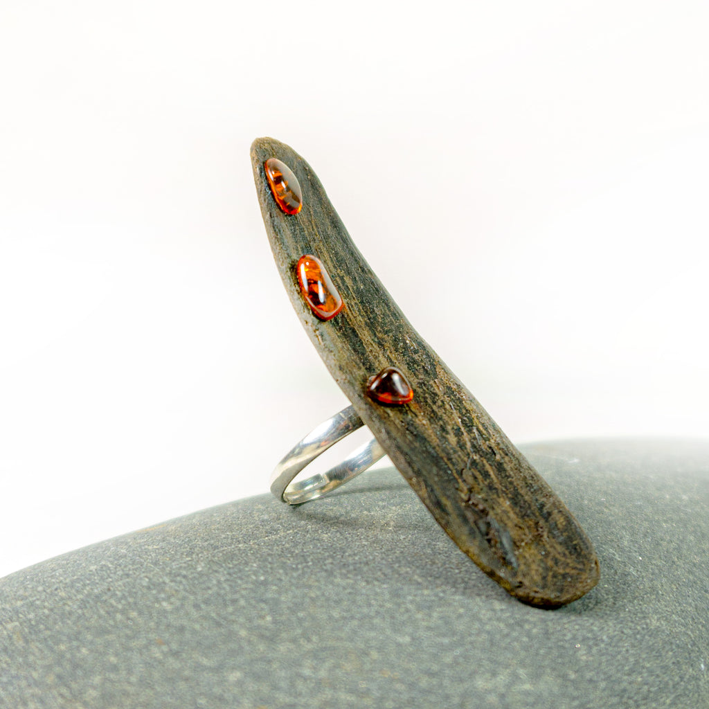 Adjustable handmade Driftwood Ring TIALF, Amber and 925 Silver