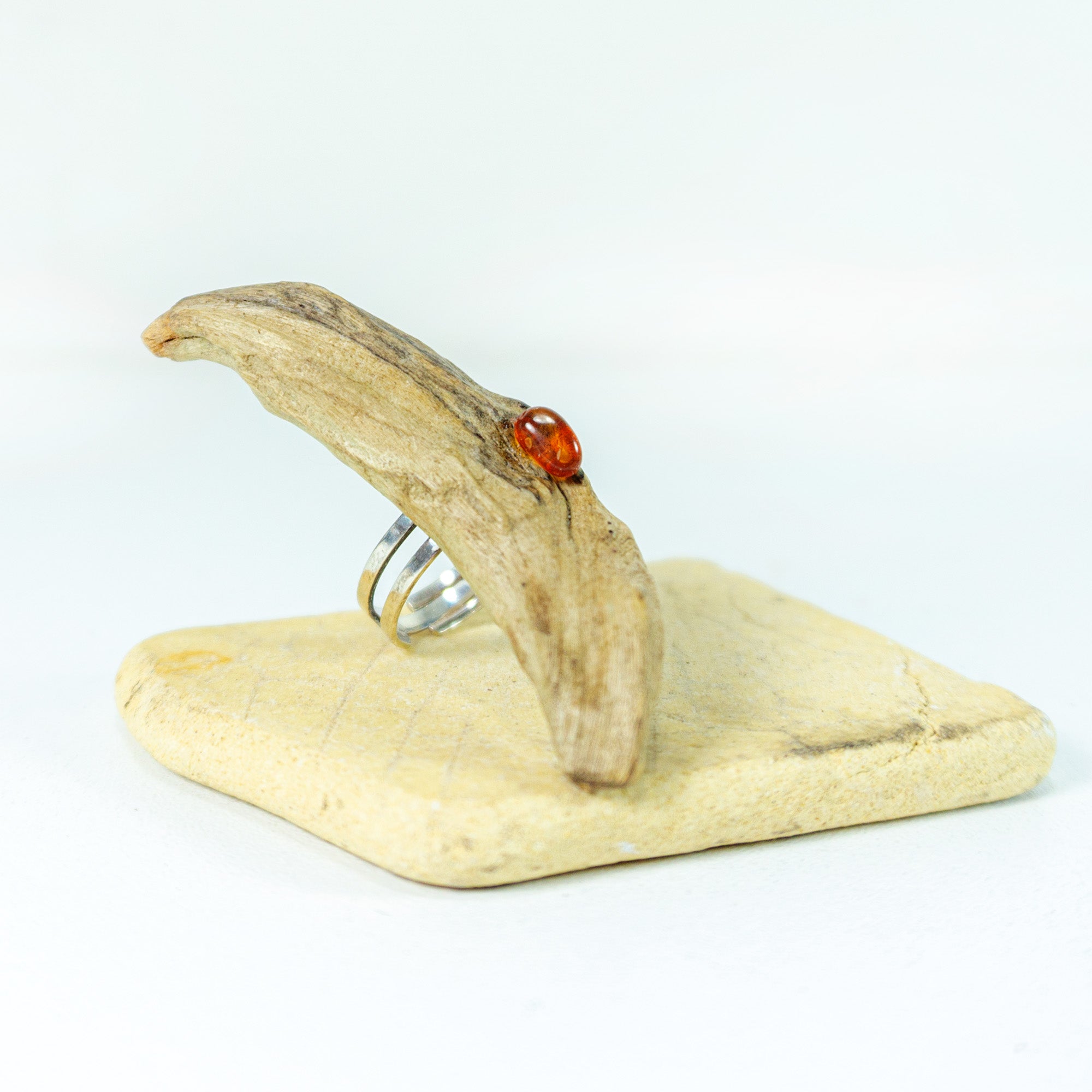 Size adjustable unique Driftwood Amber Ring TORM 925 Silver