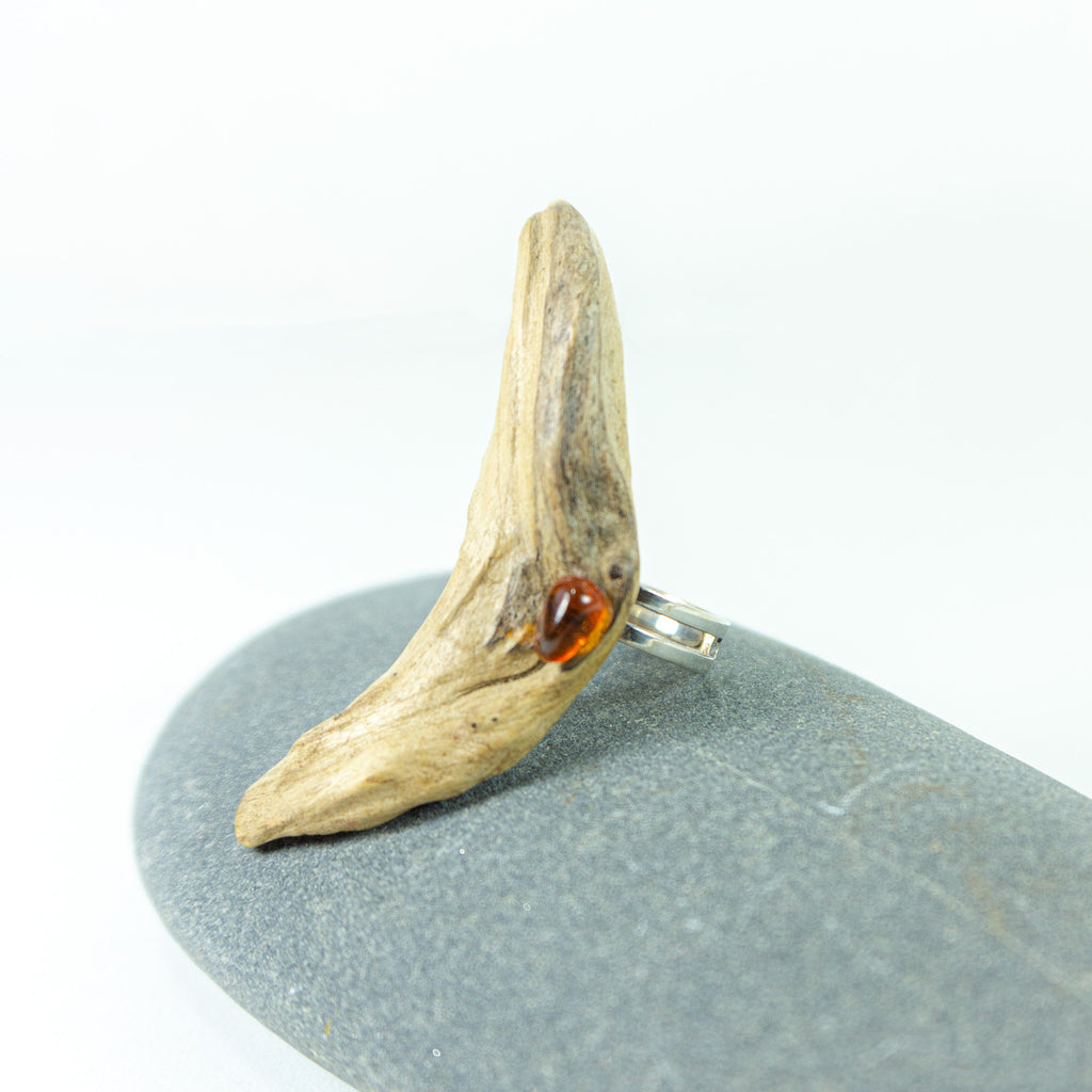 Size adjustable unique Driftwood Amber Ring TORM 925 Silver