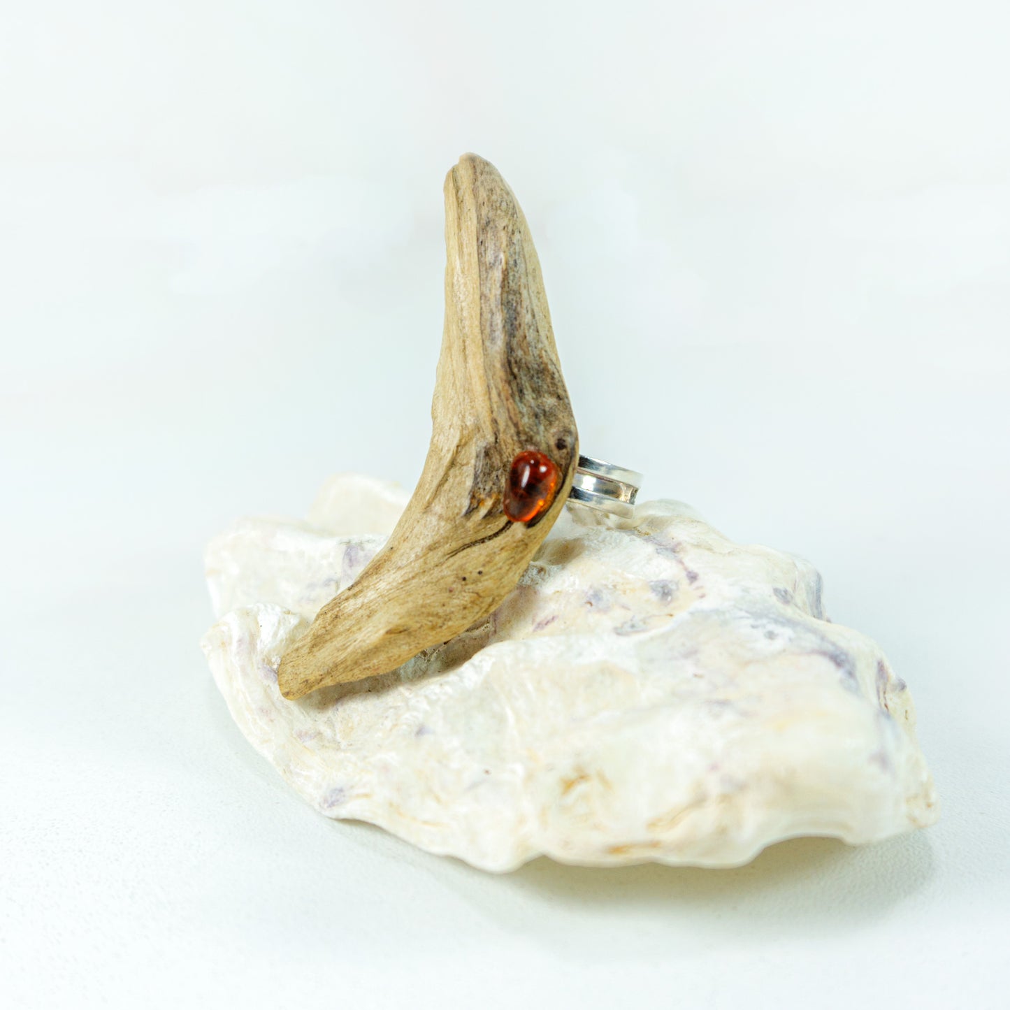 Size adjustable unique Driftwood Amber Ring TORM 925 Silver
