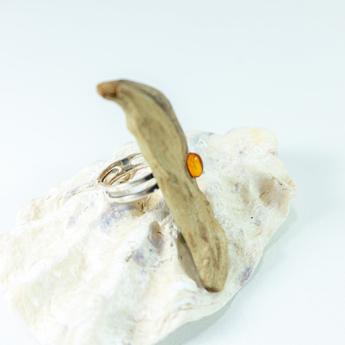 Size adjustable unique Driftwood Amber Ring TORM 925 Silver