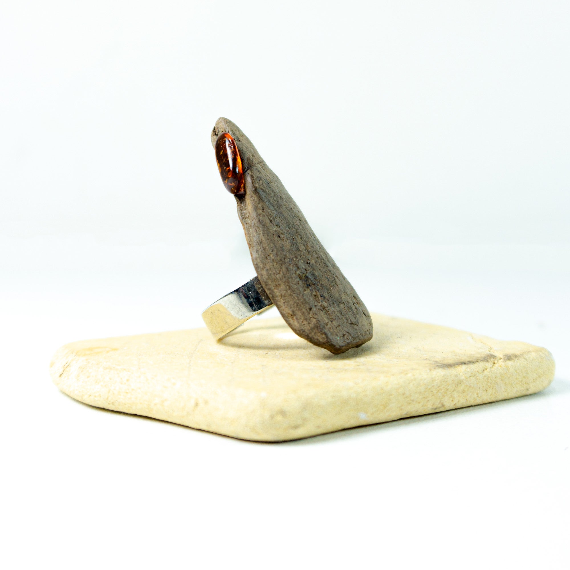 One-of-a-kind size adjustable Driftwood Amber Ring THIESS 925 Silver