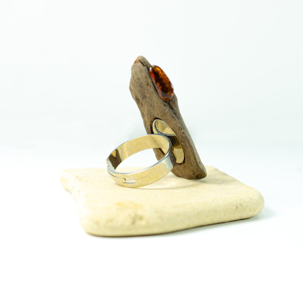 One-of-a-kind size adjustable Driftwood Amber Ring THIESS 925 Silver