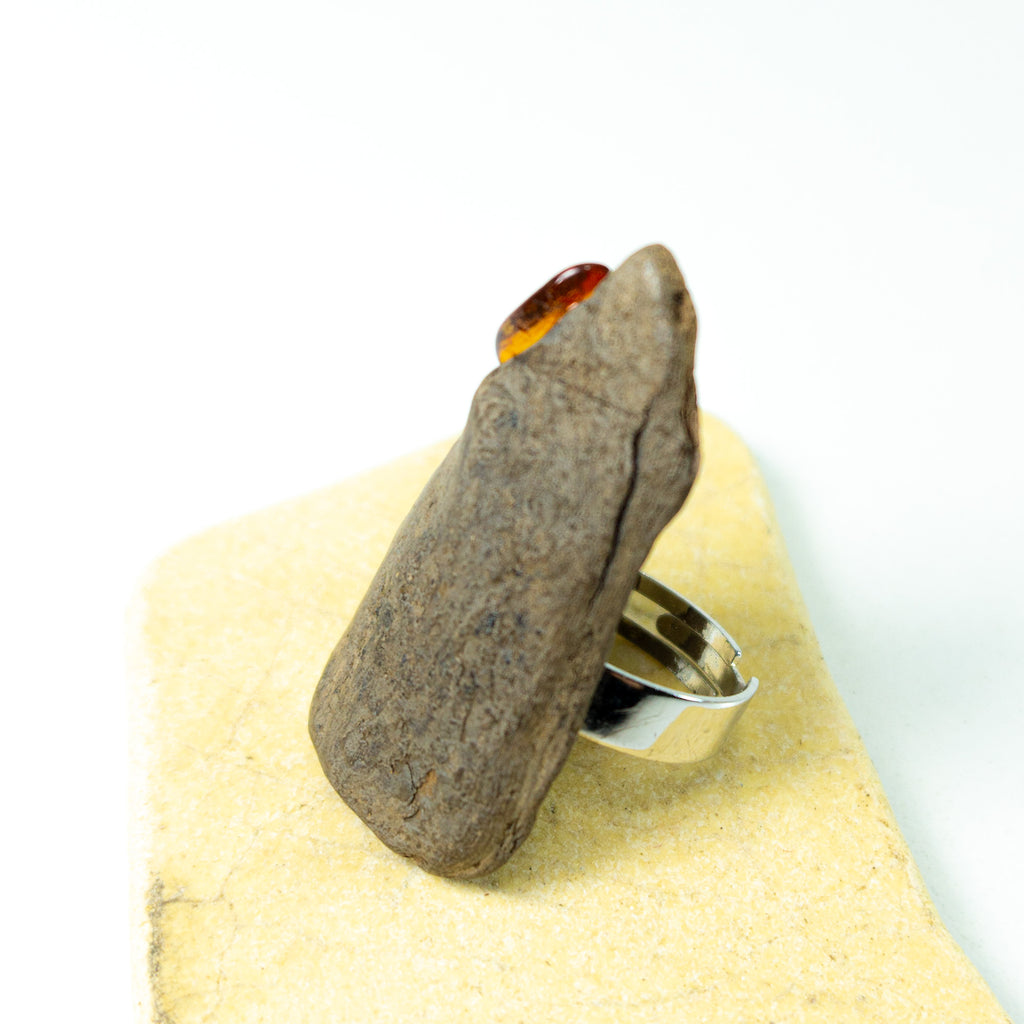 One-of-a-kind size adjustable Driftwood Amber Ring THIESS 925 Silver