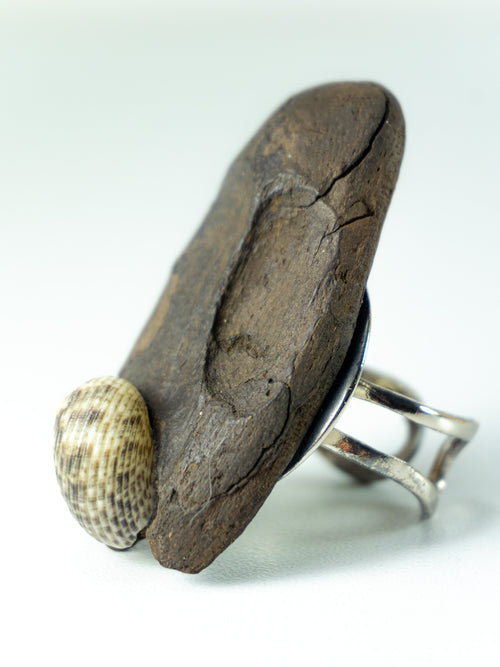 Adjustable Silver DRIFTWOOD RING THOR with seashell, handmade one-of-a-kind