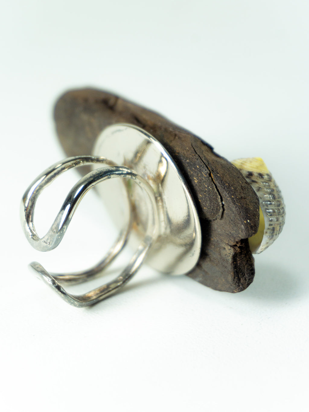 Adjustable Silver DRIFTWOOD RING THOR with seashell, handmade one-of-a-kind