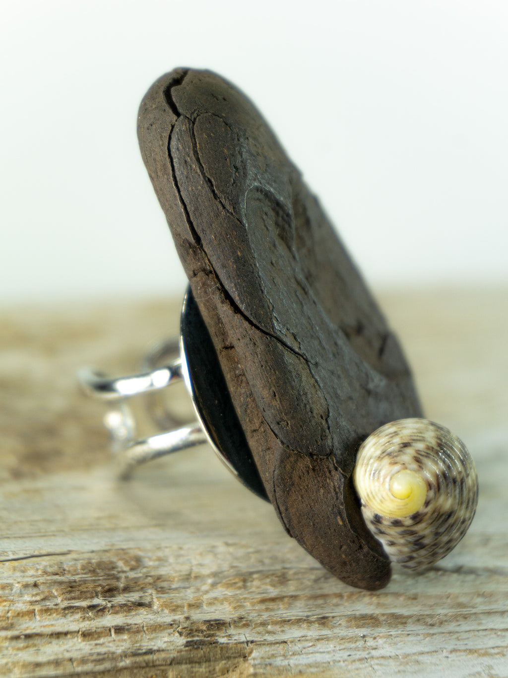 Adjustable Silver DRIFTWOOD RING THOR with seashell, handmade one-of-a-kind