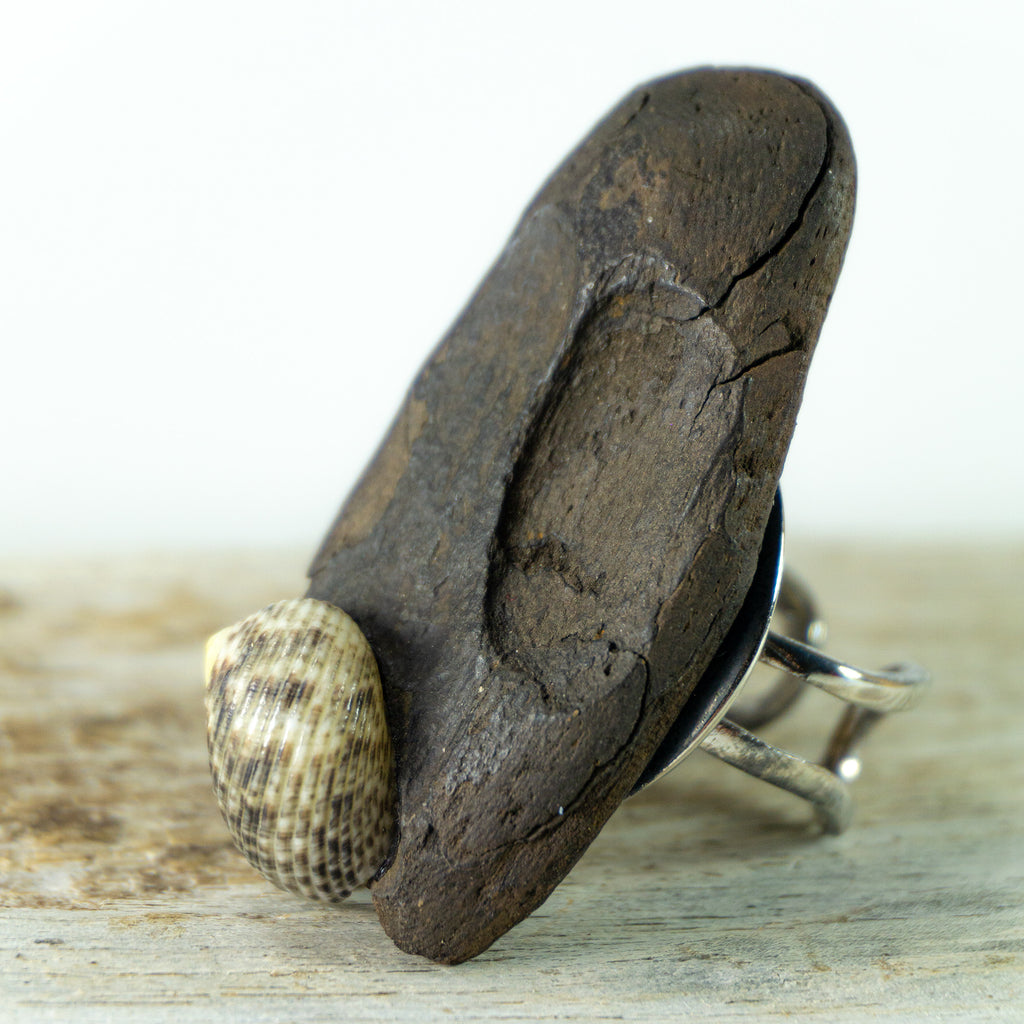 Adjustable Silver DRIFTWOOD RING THOR with seashell, handmade one-of-a-kind