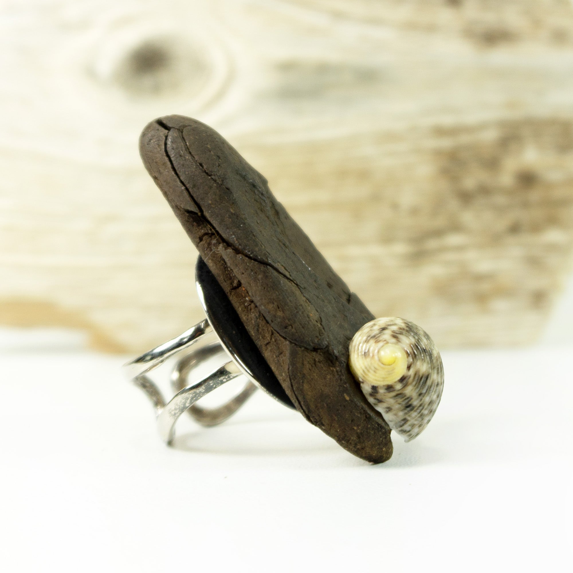 Adjustable Silver DRIFTWOOD RING THOR with seashell, handmade one-of-a-kind
