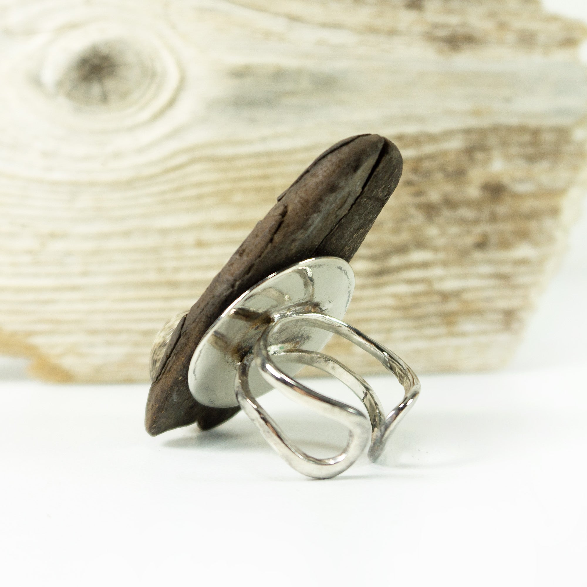 Adjustable Silver DRIFTWOOD RING THOR with seashell, handmade one-of-a-kind