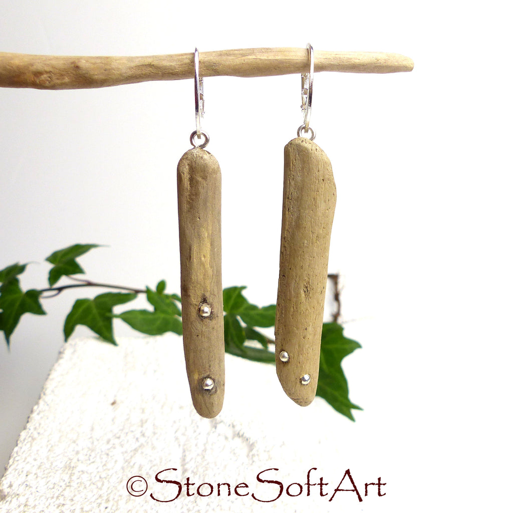Minimalist handmade DRIFTWOOD DANGLE EARRINGS 'Sita' 925 Silver beads