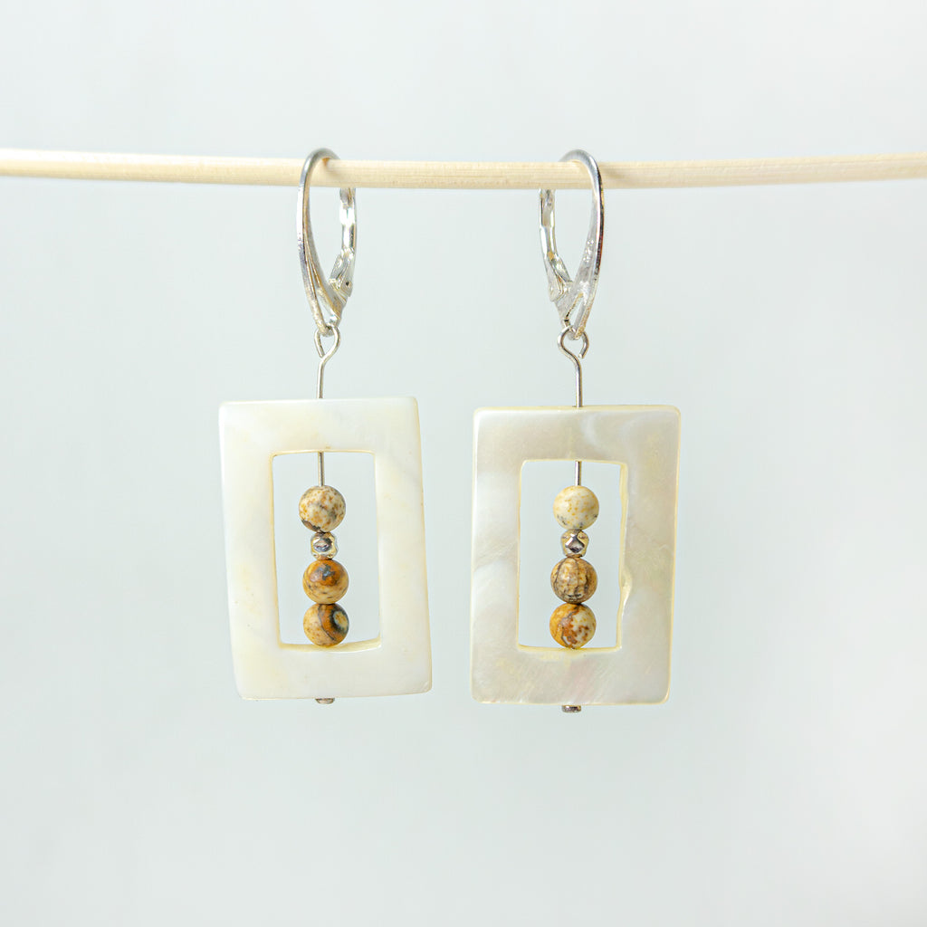 White nacre dangle earrings SASHA with jasper and 925 silver