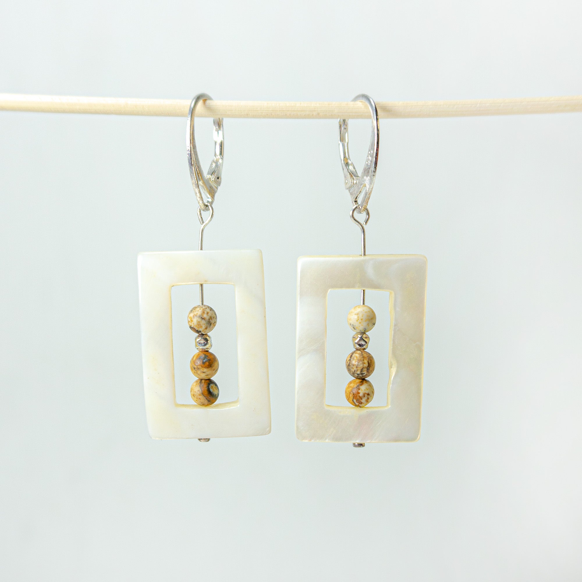 White nacre dangle earrings SASHA with jasper and 925 silver