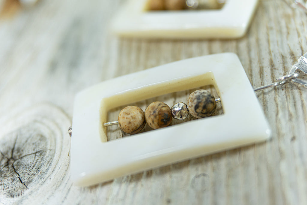White nacre dangle earrings SASHA with jasper and 925 silver