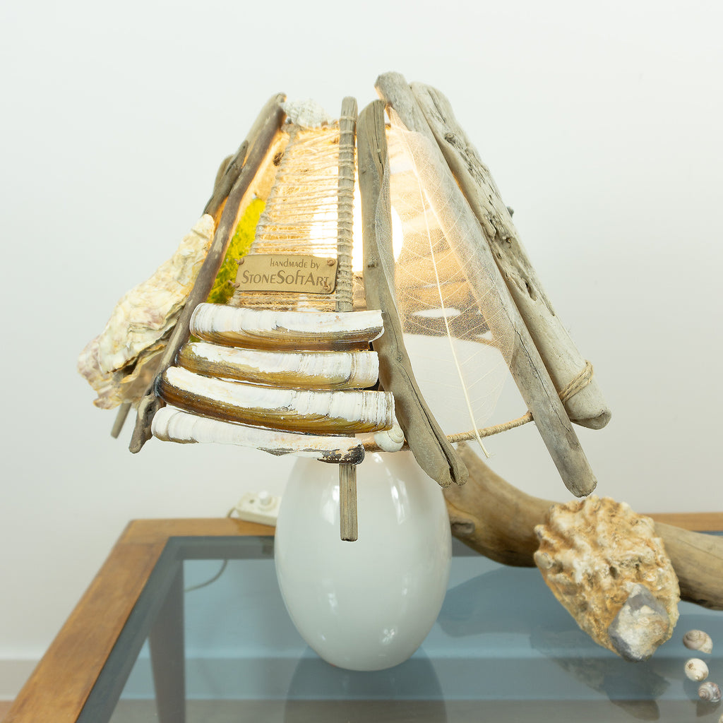 ALVA Handcrafted Driftwood Accent Lamp – White Ceramic Table Light