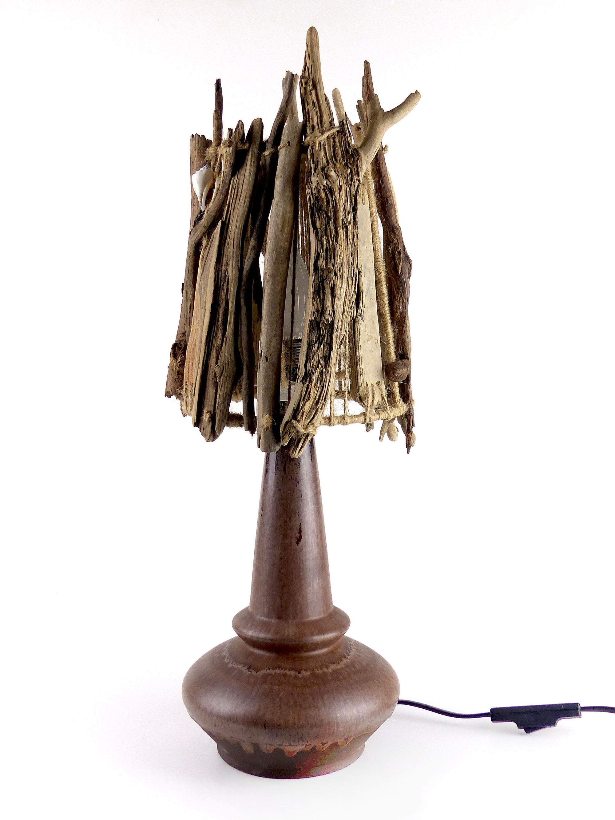 Unique DRIFTWOOD TABLE LAMP 'Helsinki' with Danish midcentury ceramic foot