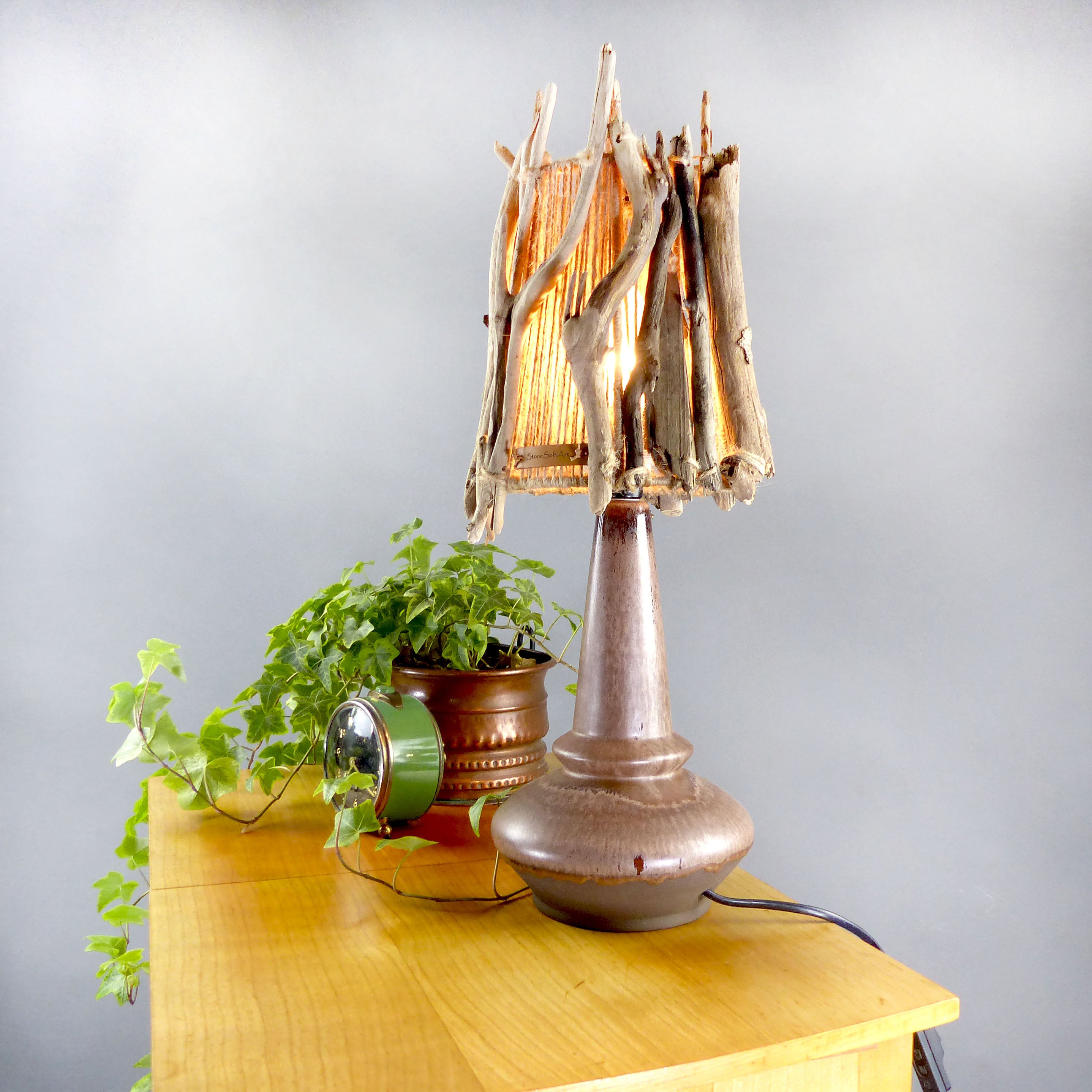 Unique DRIFTWOOD TABLE LAMP 'Helsinki' with Danish midcentury ceramic foot