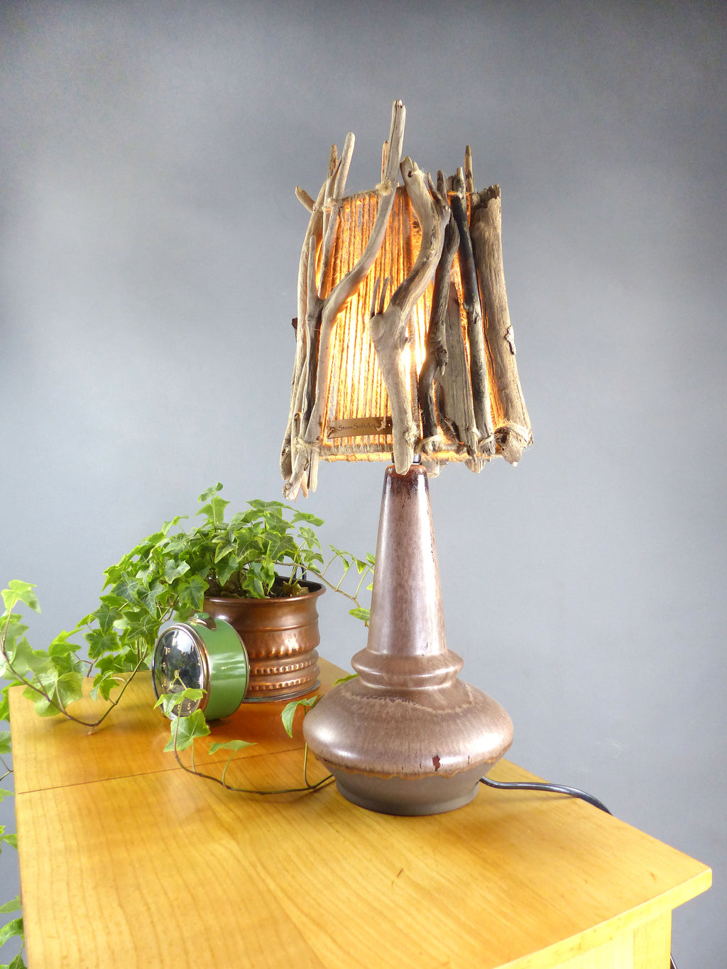 Unique DRIFTWOOD TABLE LAMP 'Helsinki' with Danish midcentury ceramic foot