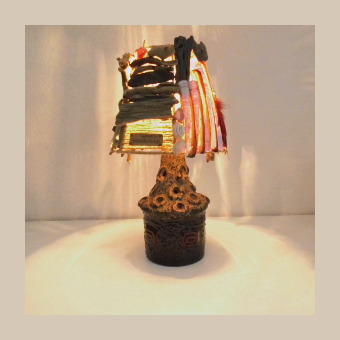 Hand-crafted DRIFTWOOD TABLE LAMP 'Lucia' with Danish midcentury pottery design base, rustic wooden light