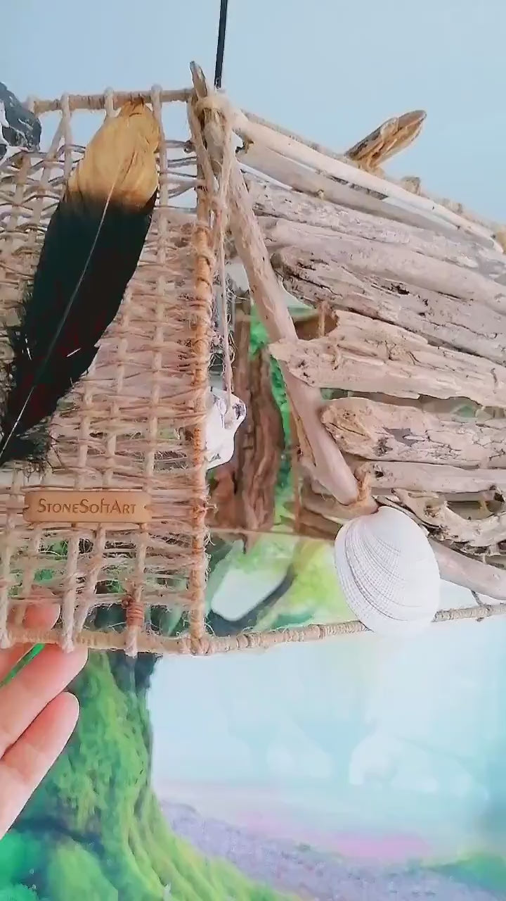 Unique octagonal DRIFTWOOD PENDANT LIGHT 'Kopenhagen', hand-crafted ceiling lamp by StoneSoftArt