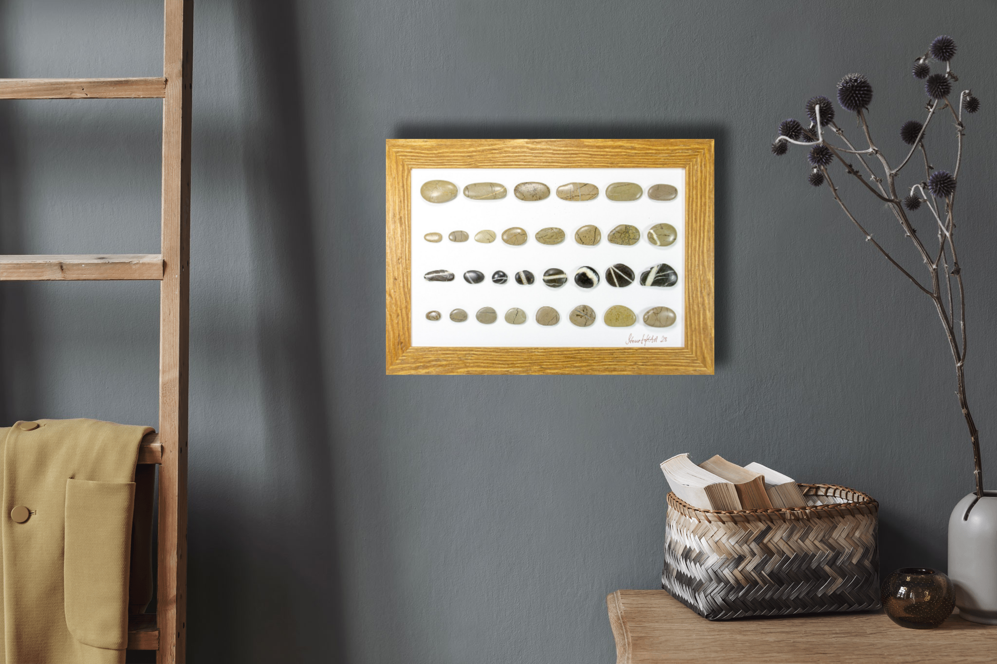 One-of-a-kind BEACH PEBBLES WALL ART 'Genua', framed handmade stones picture